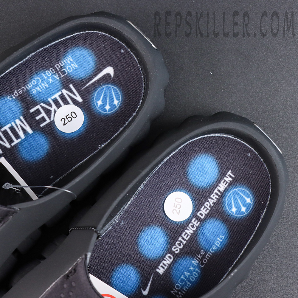 Drake NOCTA x Nike Mind 001 ‘Black’ insole detail featuring NOCTA x Nike Mind co-branded graphics with blue cushioning zones for enhanced comfort