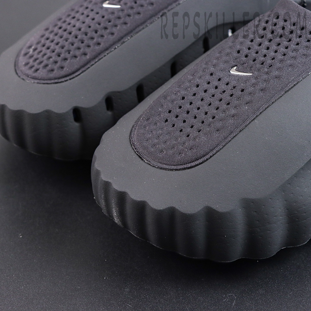 Drake NOCTA x Nike Mind 001 ‘Black’ toe detail featuring a perforated breathable upper with a mini metallic Swoosh for lightweight comfort and premium style