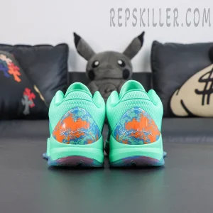 Jalen Brunson x Nike Zoom Kobe 5 Protro NY vs. NY rear view featuring green upper with orange and blue artistic graphics