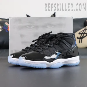 Jordan 11 Retro ‘Space Jam’ with shoe box featuring black upper, white midsole and icy blue outsole