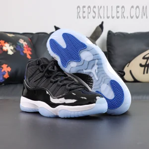 Jordan 11 Retro ‘Space Jam’ front and outsole view featuring black patent leather with icy translucent outsole