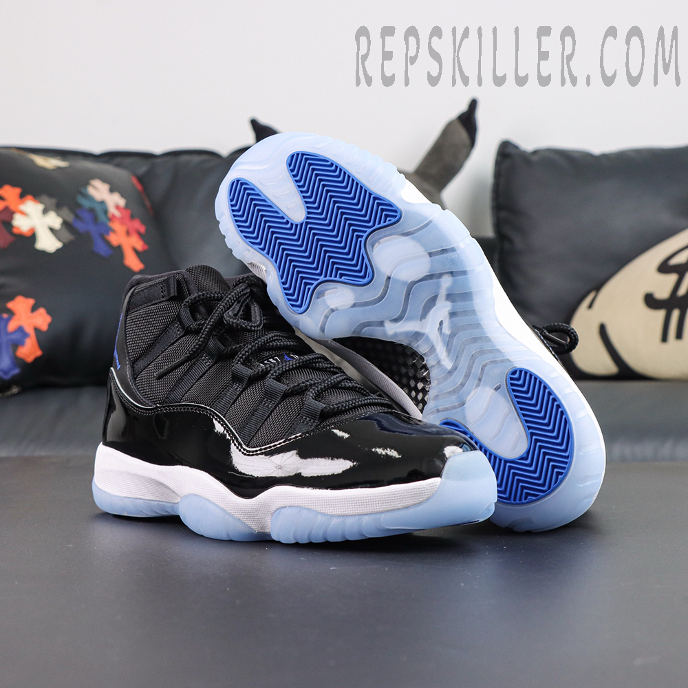 Jordan 11 Retro ‘Space Jam’ front and outsole view featuring black patent leather with icy translucent outsole