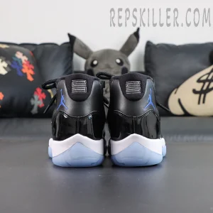 Jordan 11 Retro ‘Space Jam’ rear view featuring Varsity Royal Jumpman embroidery and heel number 23 detail