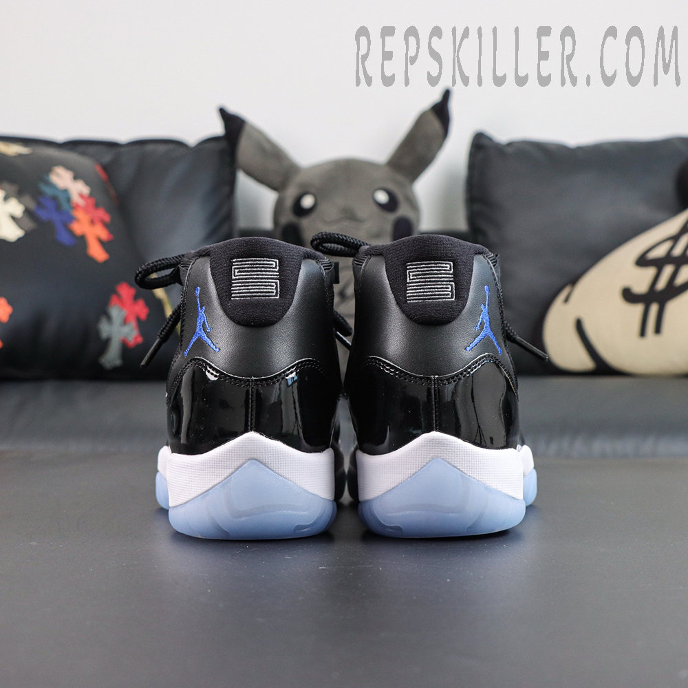 Jordan 11 Retro ‘Space Jam’ rear view featuring Varsity Royal Jumpman embroidery and heel number 23 detail