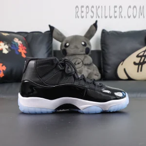 Jordan 11 Retro ‘Space Jam’ lateral side profile featuring black ballistic mesh upper and glossy patent leather mudguard