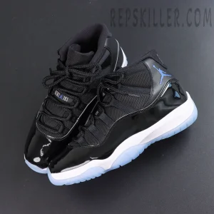 Jordan 11 Retro ‘Space Jam’ top view featuring mid-cut basketball silhouette with black patent leather and ballistic mesh upper