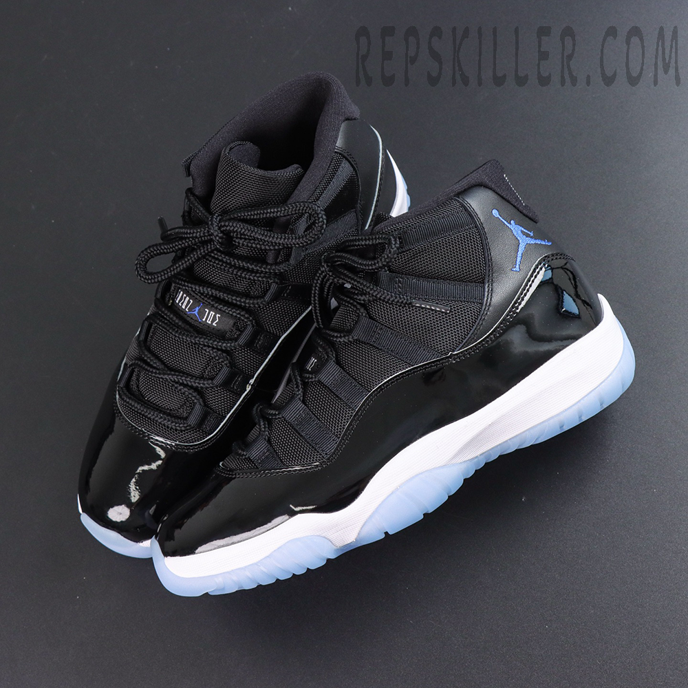 Jordan 11 Retro ‘Space Jam’ top view featuring mid-cut basketball silhouette with black patent leather and ballistic mesh upper