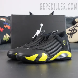 Jordan 14 Retro ‘Thunder’ lateral view showcasing the streamlined silhouette with a classic black and yellow Jordan 14 design