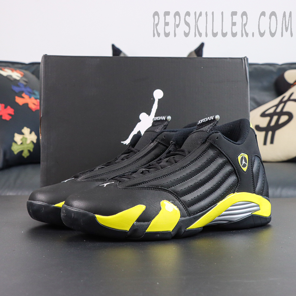 Jordan 14 Retro ‘Thunder’ lateral view showcasing the streamlined silhouette with a classic black and yellow Jordan 14 design