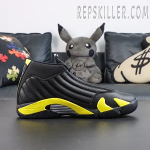 Jordan 14 Retro ‘Thunder’ side profile featuring a black leather upper, yellow midsole accents, and silver support detailing
