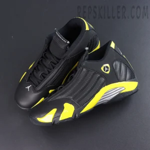 Jordan 14 Retro ‘Thunder’ overall view featuring a black and yellow colorway with bold accents inspired by racing aesthetics