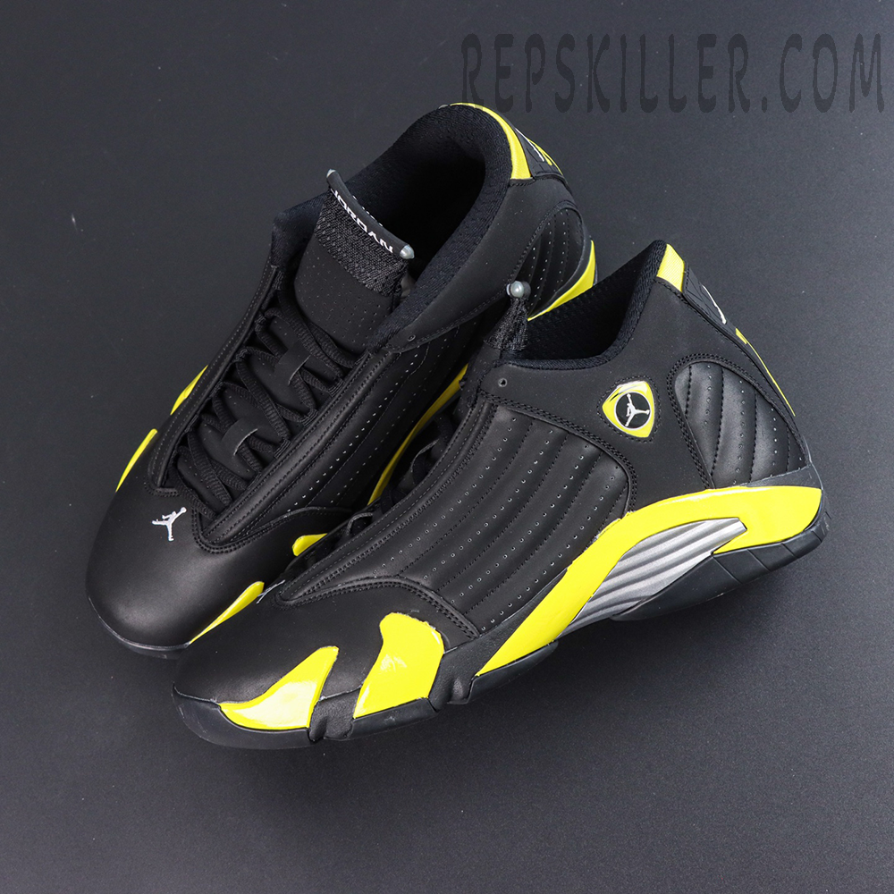 Jordan 14 Retro ‘Thunder’ overall view featuring a black and yellow colorway with bold accents inspired by racing aesthetics