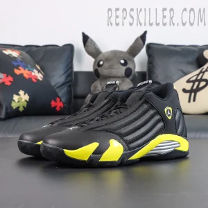 Jordan 14 Retro ‘Thunder’ lateral view showcasing the streamlined silhouette with a classic black and yellow Jordan 14 design