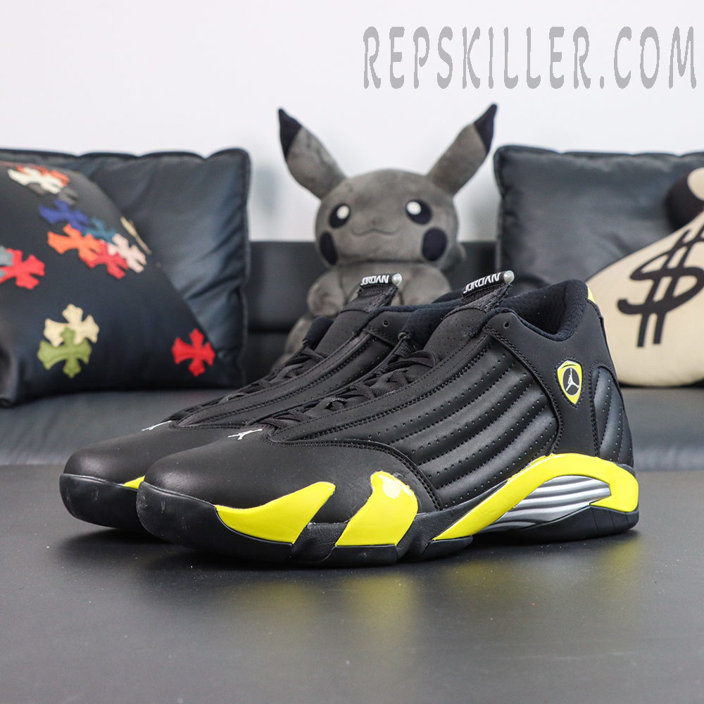 Jordan 14 Retro ‘Thunder’ lateral view showcasing the streamlined silhouette with a classic black and yellow Jordan 14 design