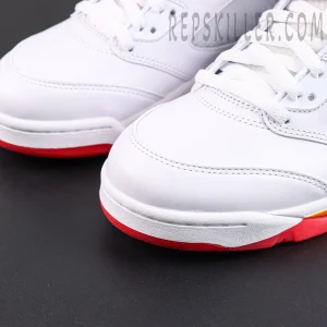 Air Jordan 5 Retro OG Sunset toe detail featuring white leather upper and vibrant red outsole accents