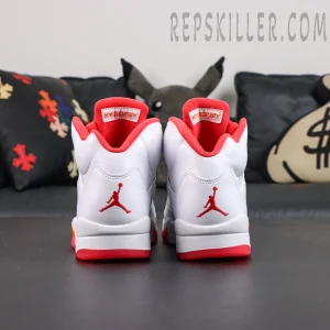 Air Jordan 5 Retro OG Sunset heel view featuring white upper, red Jumpman embroidery and classic silhouette
