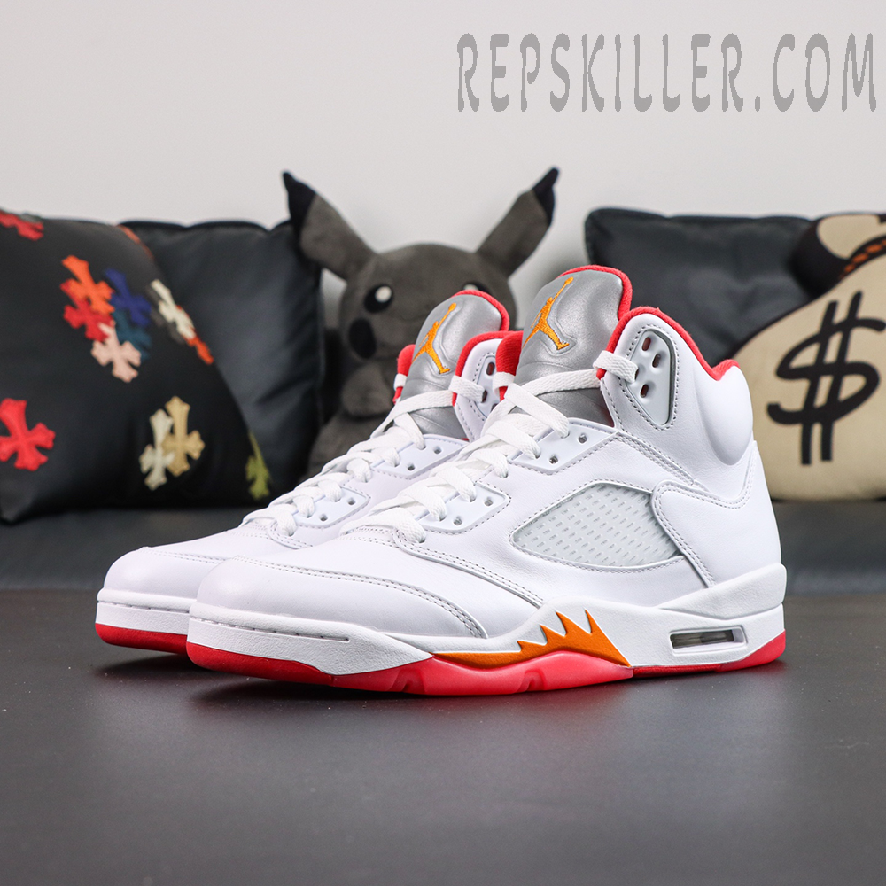Air Jordan 5 Retro OG Sunset side profile featuring white leather upper and orange shark tooth midsole detailing