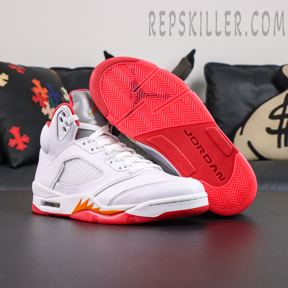 Air Jordan 5 Retro OG Sunset outsole view featuring red rubber sole and classic Jordan traction pattern
