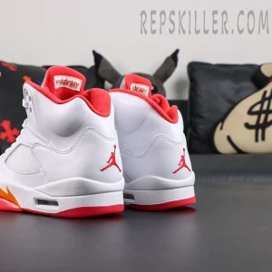 Air Jordan 5 Retro OG Sunset rear detail featuring white upper and red Jumpman heel branding