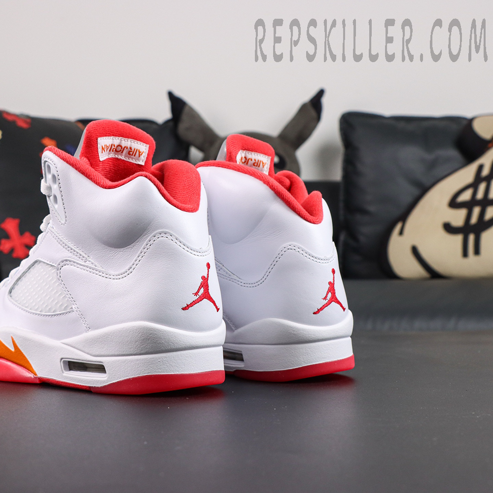 Air Jordan 5 Retro OG Sunset rear detail featuring white upper and red Jumpman heel branding