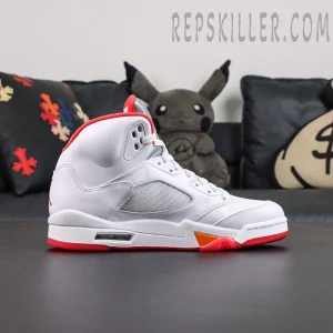 Air Jordan 5 Retro OG Sunset lateral view featuring classic AJ5 mesh panels and white leather construction