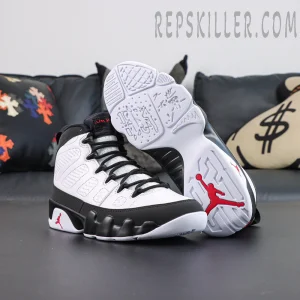 Jordan 9 Retro OG ‘Space Jam’ front and outsole view featuring white leather upper and global map-inspired outsole