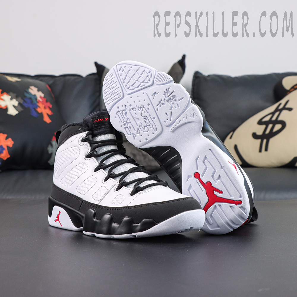 Jordan 9 Retro OG ‘Space Jam’ front and outsole view featuring white leather upper and global map-inspired outsole