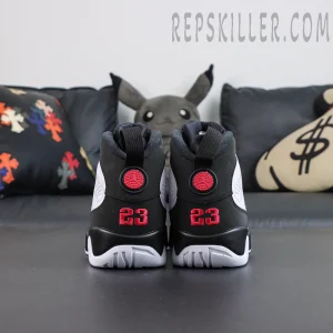 Jordan 9 Retro OG ‘Space Jam’ rear view featuring red 23 embroidery and signature globe heel badge