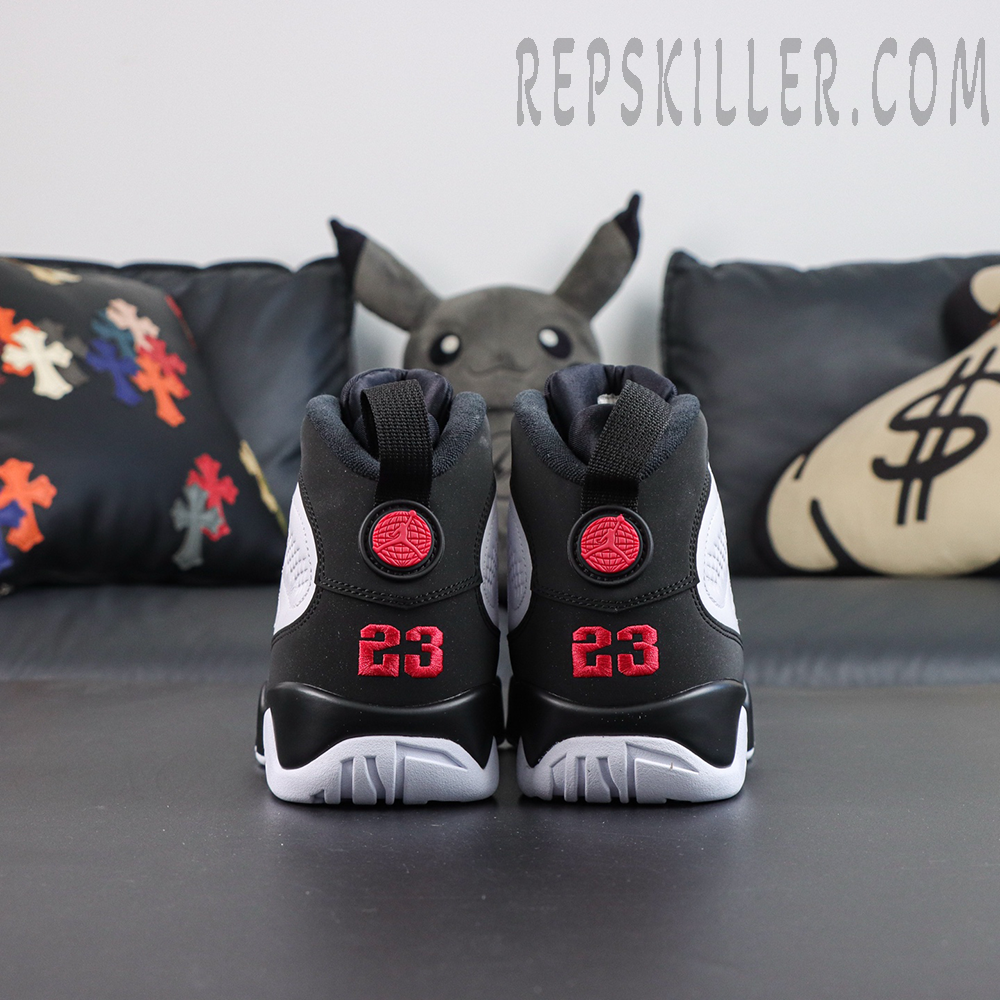 Jordan 9 Retro OG ‘Space Jam’ rear view featuring red 23 embroidery and signature globe heel badge