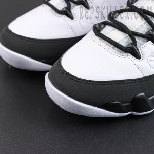 Jordan 9 Retro OG ‘Space Jam’ toe box detail featuring premium white leather with black mudguard trim