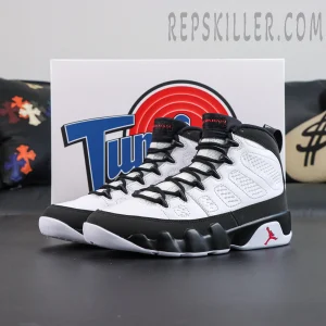 Jordan 9 Retro OG ‘Space Jam’ with shoe box featuring the iconic black and white basketball silhouette and Tune Squad themed packaging