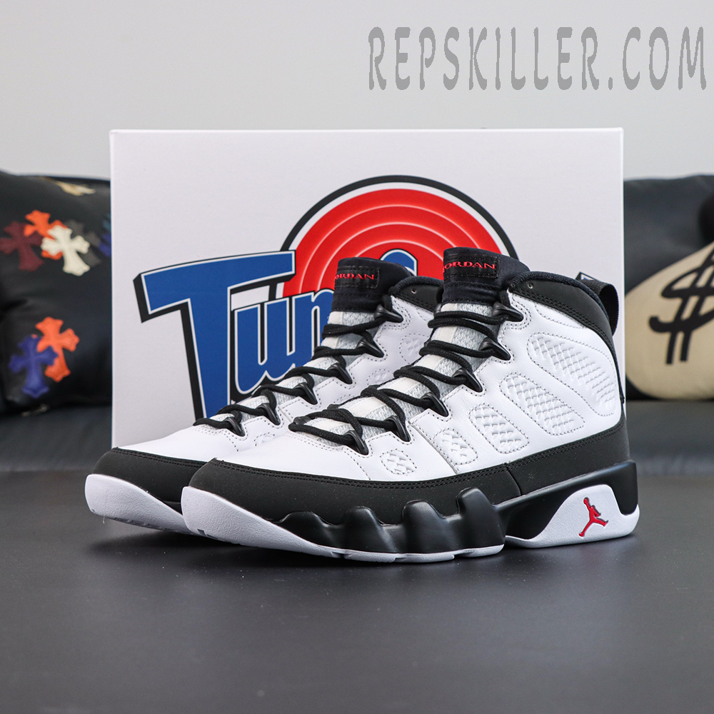 Jordan 9 Retro OG ‘Space Jam’ with shoe box featuring the iconic black and white basketball silhouette and Tune Squad themed packaging