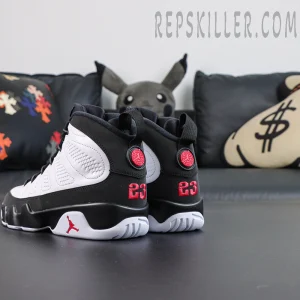 Jordan 9 Retro OG ‘Space Jam’ rear quarter view featuring black and white upper with red 23 embroidery and iconic heel badge