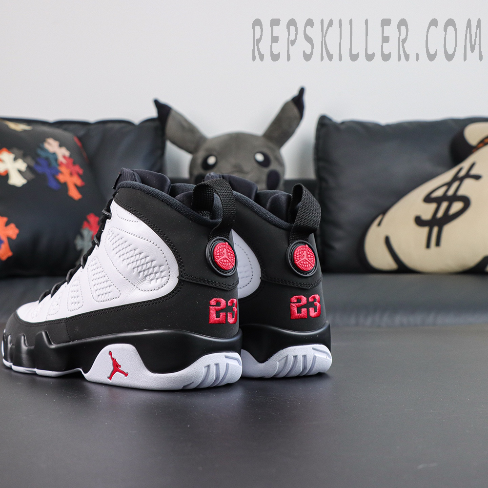 Jordan 9 Retro OG ‘Space Jam’ rear quarter view featuring black and white upper with red 23 embroidery and iconic heel badge