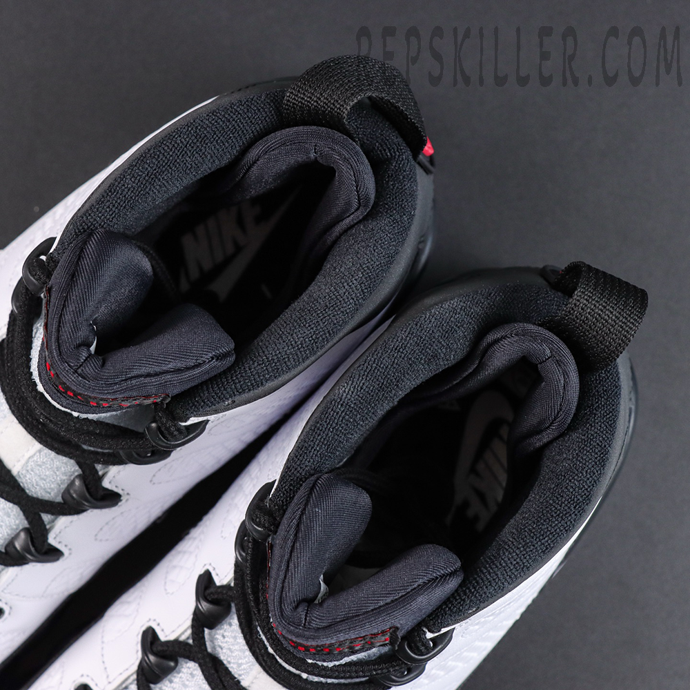 Jordan 9 Retro OG ‘Space Jam’ collar interior detail featuring padded lining for enhanced comfort and support