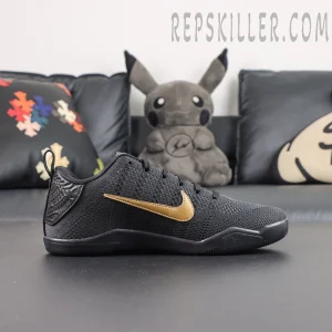 Nike Kobe 11 Elite Low Protro ‘Fade To Black’ side profile with black low-top construction, gold Swoosh and Kobe logo