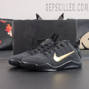 Nike Kobe 11 Elite Low Protro ‘Fade To Black’ front side view featuring a black knit upper and metallic gold Nike Swoosh