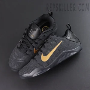 Nike Kobe 11 Elite Low Protro ‘Fade To Black’ top view featuring black knit uppers, gold Swooshes and Kobe tongue logos