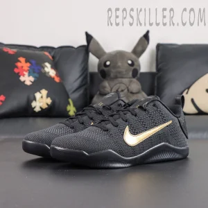 Nike Kobe 11 Elite Low Protro ‘Fade To Black’ pair front view highlighting the black and gold colorway with metallic Swooshes