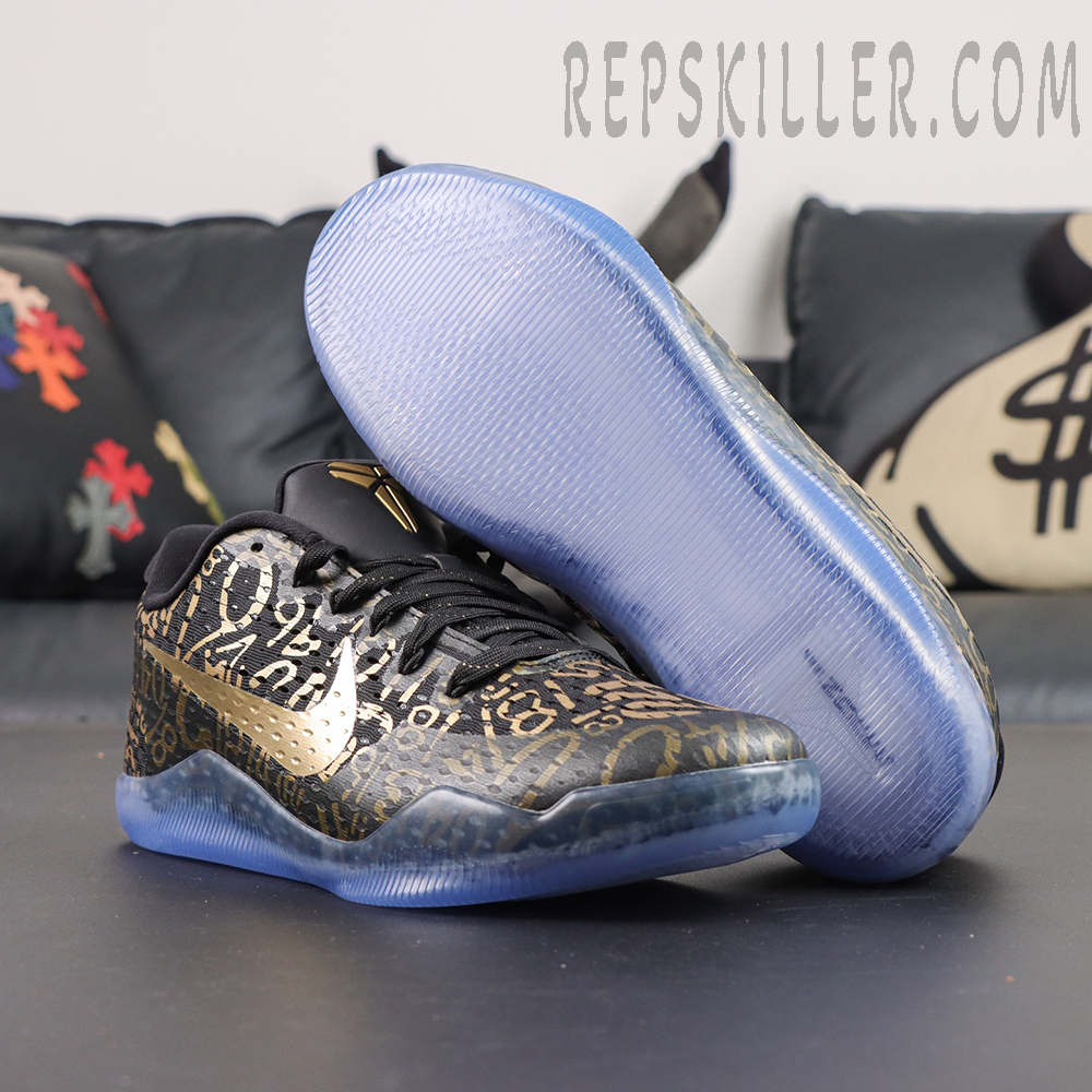 Kobe 11 Protro Low ‘Mamba Day’ outsole view featuring translucent blue rubber sole with traction pattern