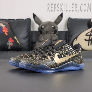 Kobe 11 Protro Low ‘Mamba Day’ lateral side profile featuring gold Swoosh and all-over numerical graphic pattern