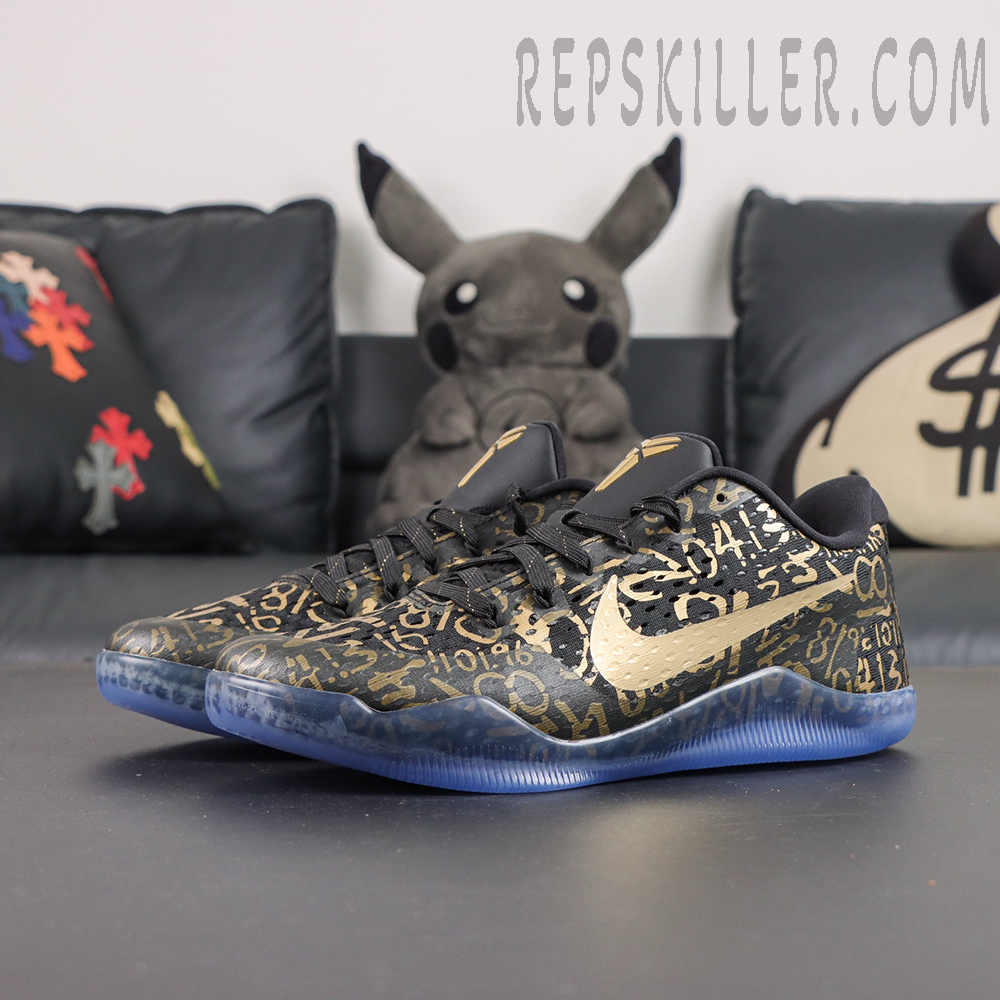 Kobe 11 Protro Low ‘Mamba Day’ lateral side profile featuring gold Swoosh and all-over numerical graphic pattern