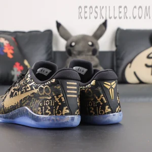 Kobe 11 Protro Low ‘Mamba Day’ rear quarter detail featuring black and gold upper with iconic Kobe logo