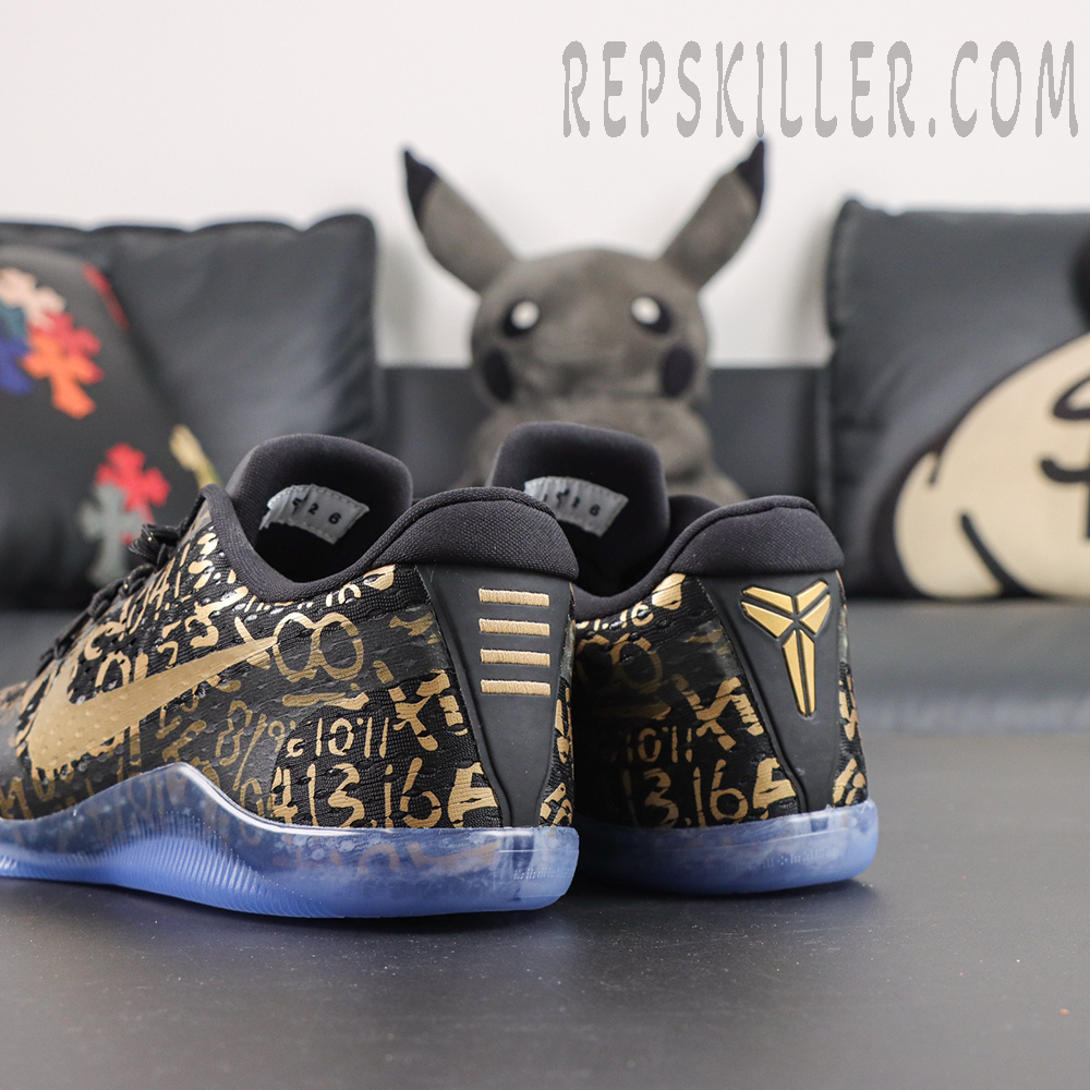 Kobe 11 Protro Low ‘Mamba Day’ rear quarter detail featuring black and gold upper with iconic Kobe logo