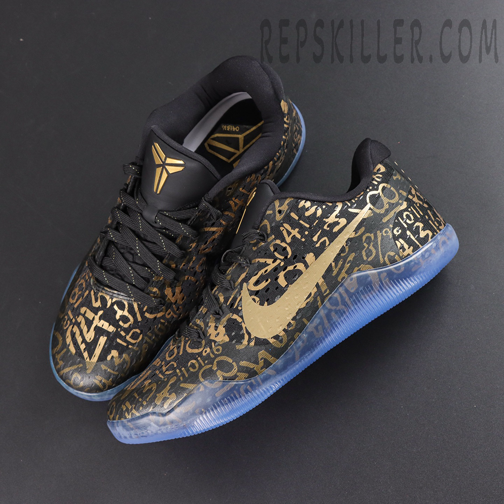 Kobe 11 Protro Low ‘Mamba Day’ top view featuring low-top basketball silhouette with gold accent details