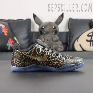 Kobe 11 Protro Low ‘Mamba Day’ side profile featuring black and gold colorway with translucent blue outsole
