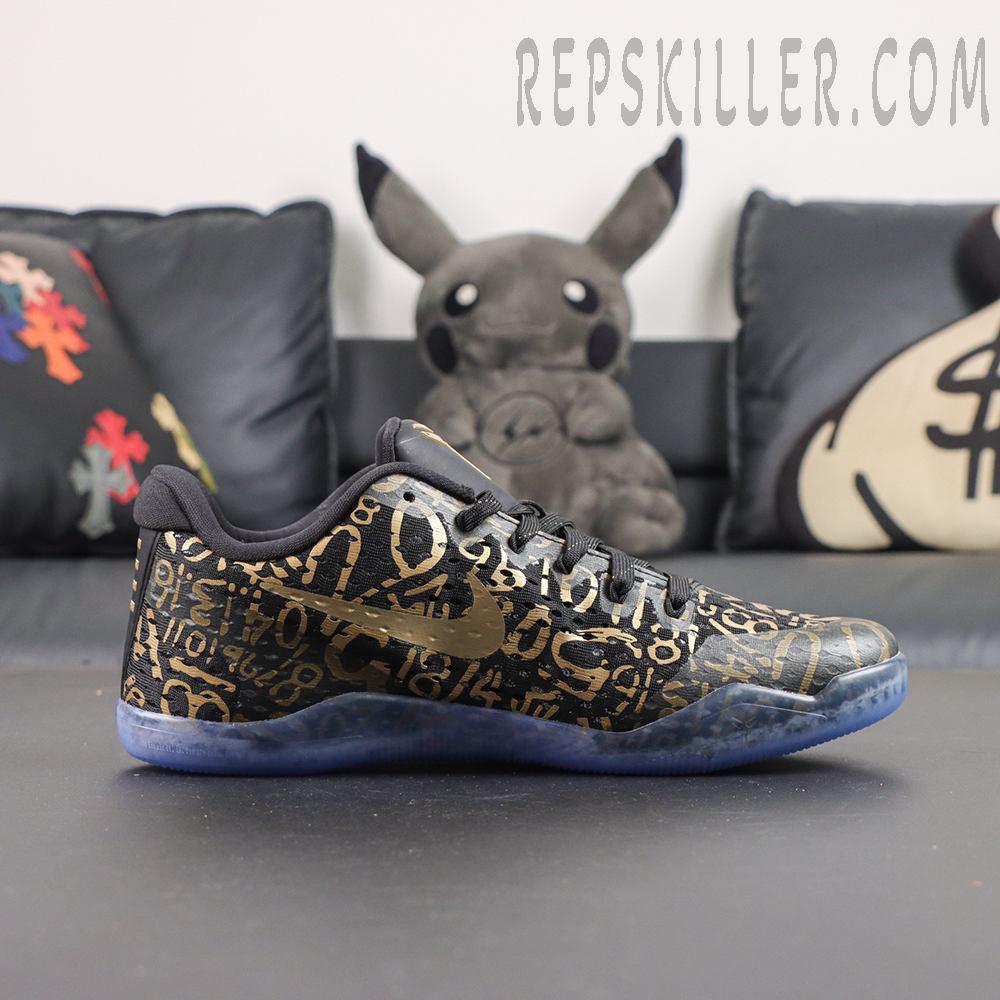 Kobe 11 Protro Low ‘Mamba Day’ side profile featuring black and gold colorway with translucent blue outsole