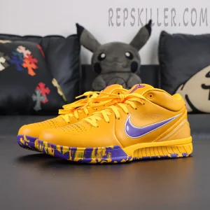 Nike Zoom Kobe 4 Protro Draft Day Pack Lakers lateral view featuring gold upper with purple Nike Swoosh detail