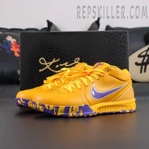 Nike Zoom Kobe 4 Protro Draft Day Pack Lakers shoe and box display featuring classic Lakers inspired colorway