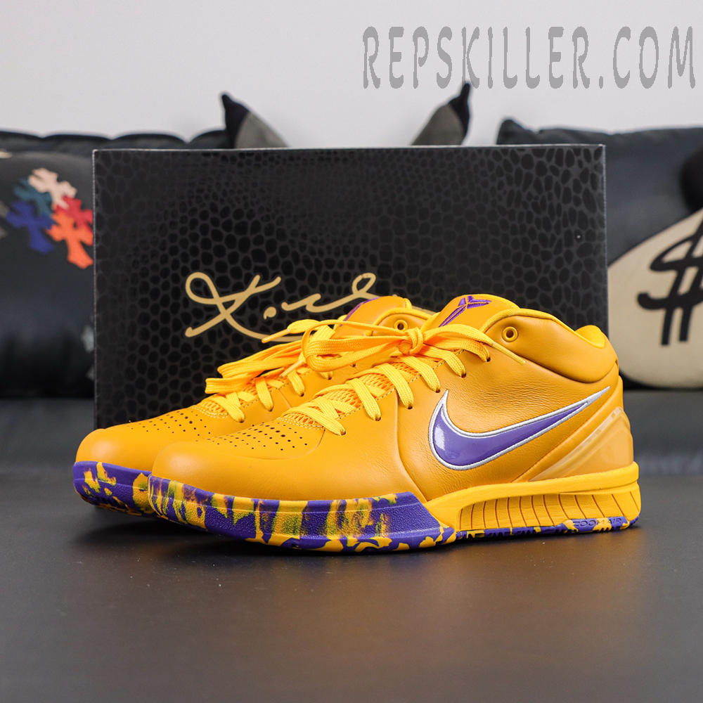 Nike Zoom Kobe 4 Protro Draft Day Pack Lakers shoe and box display featuring classic Lakers inspired colorway